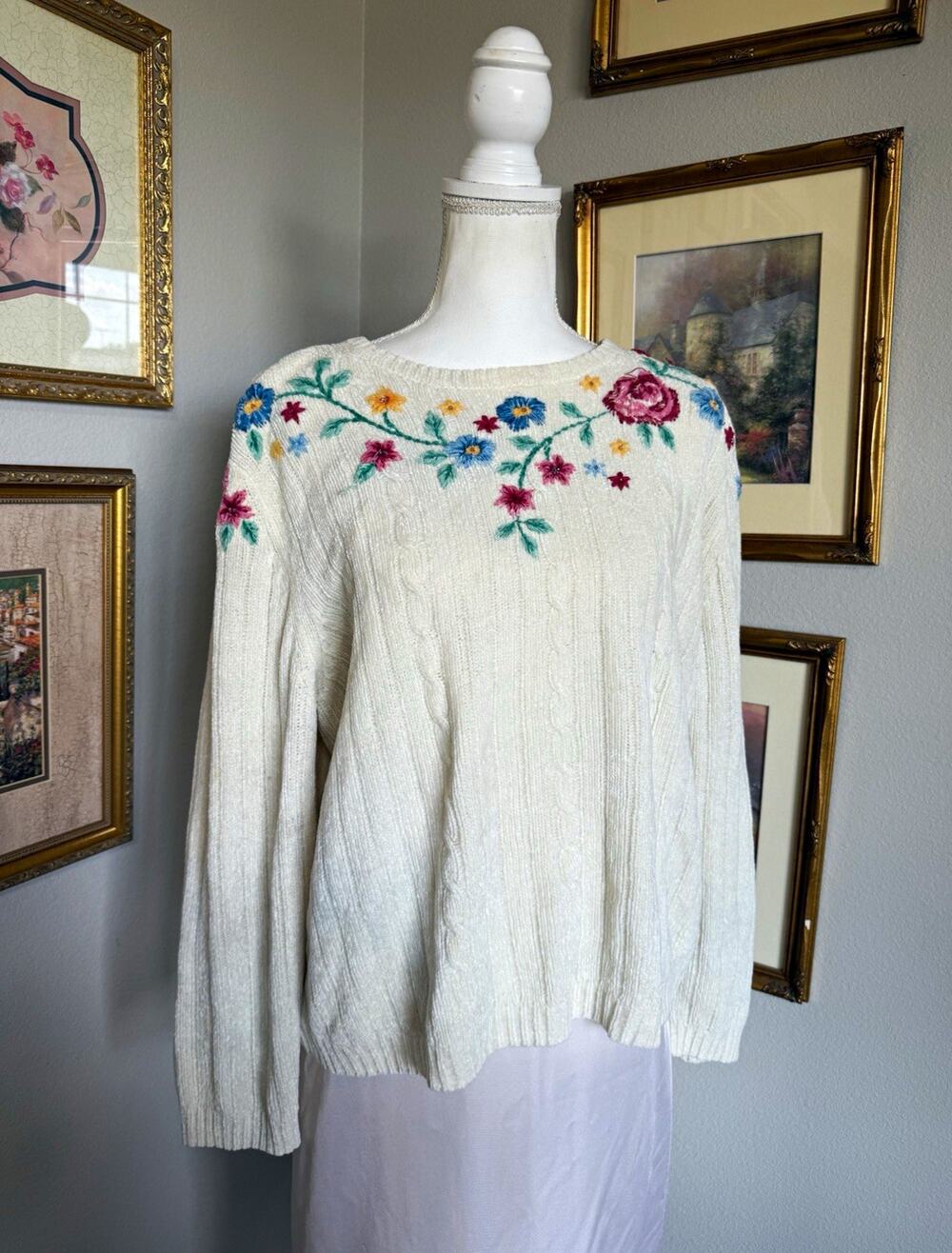 Alfred Dunner Womens Ivory Multicolor Floral Embroidered Acrylic Knit Pullover L